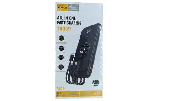 Aspor A305 10000mAh 15W Wireless+4 Cables Power Bank